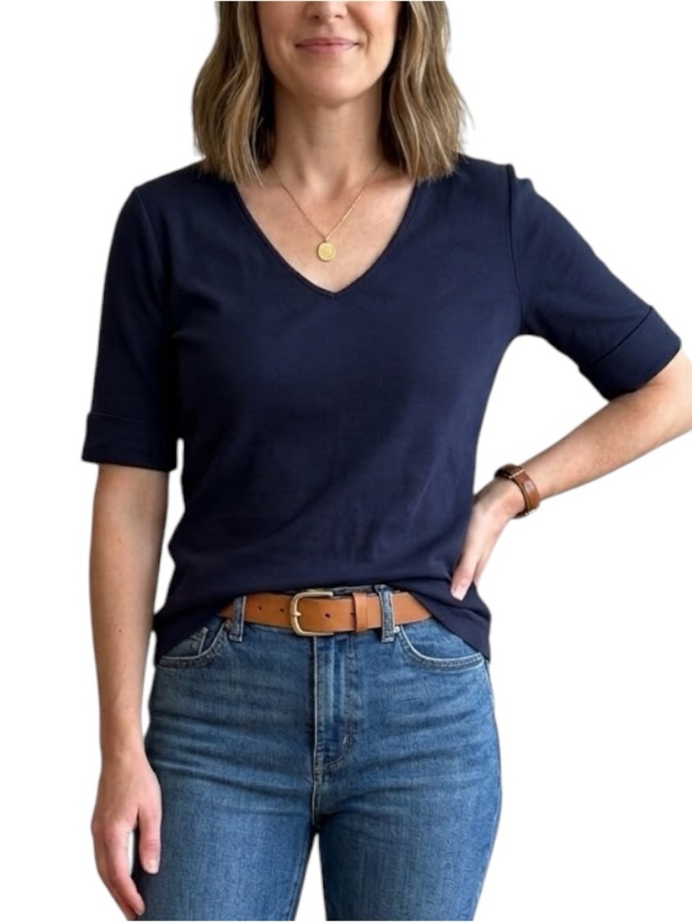 Lauren Ralph Lauren Navy Blue V Neck Cuffed Sleeve Top L 100% Cotton Slim Fit